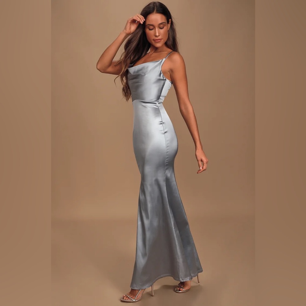 Lulu’s Daring Romance Pastel Blue Satin Cowl Neck Maxi Dress